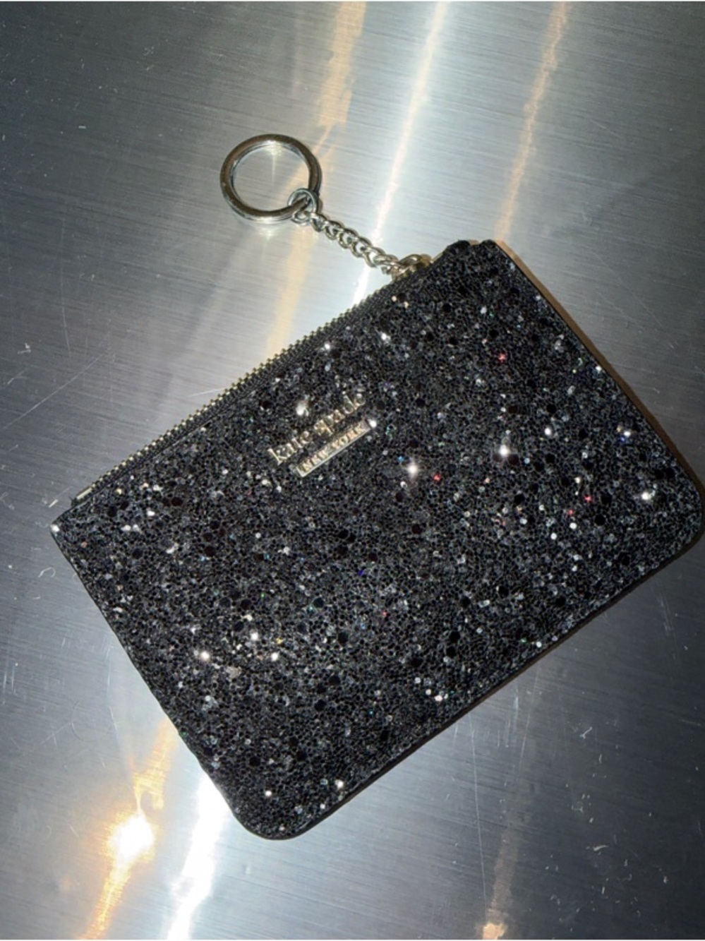 kate spade black glitter zip key pouch